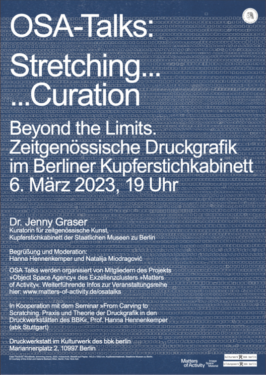 Poster OSA Talk »Stretching... Curation«. Bild: Ester Fleckner: Woodbeds, brimming (more), 2020, Holzschnitt, Bleistift auf Papier, 143,0 x 109,0 cm, Kupferstichkabinett, Staatliche Museen zu Berlin. Copyright: Courtesy of the Artist und Galerie Barbara Wien, Berlin; Foto: Nick Ash
