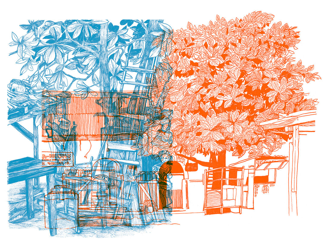 <em>Terminalia catappa </em>in front of the compound of the lineage Delesolu. Drawings by Delphine and Elodie Chevalme, Ojé, October 2017, from Field/Works II, online exhibition 2024.
