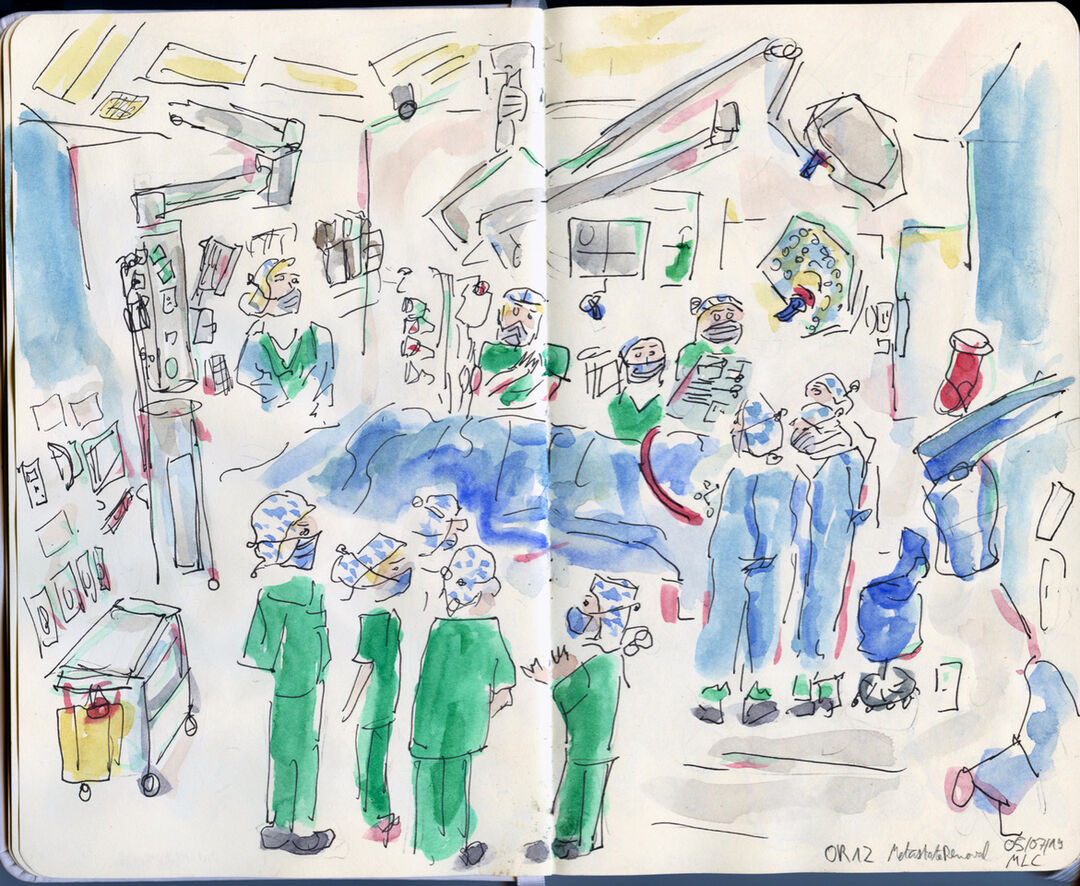 Operation room during neurosurgical operation, scene of the training of the students of the Charité University Hospital.  2019, indian ink and watercolors on paper, 21x26cm. Copyright: Maxime Le Calvé

