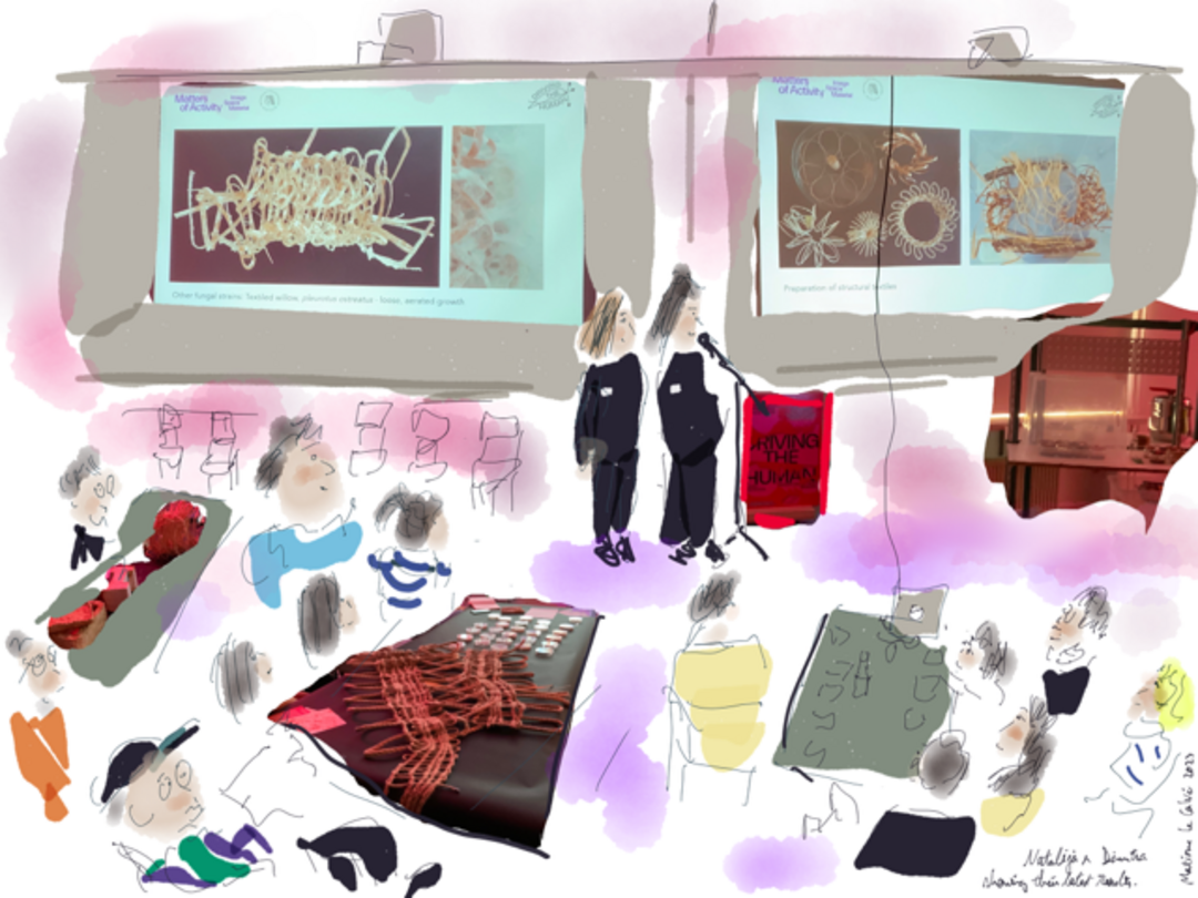 Driving the Human Book Launch, Workshop »Interweaving Architectures of the Future with Fungi«, 10 May 2023, Drawing: Maxime Le Calvé. Copyright: Matters of Activity
