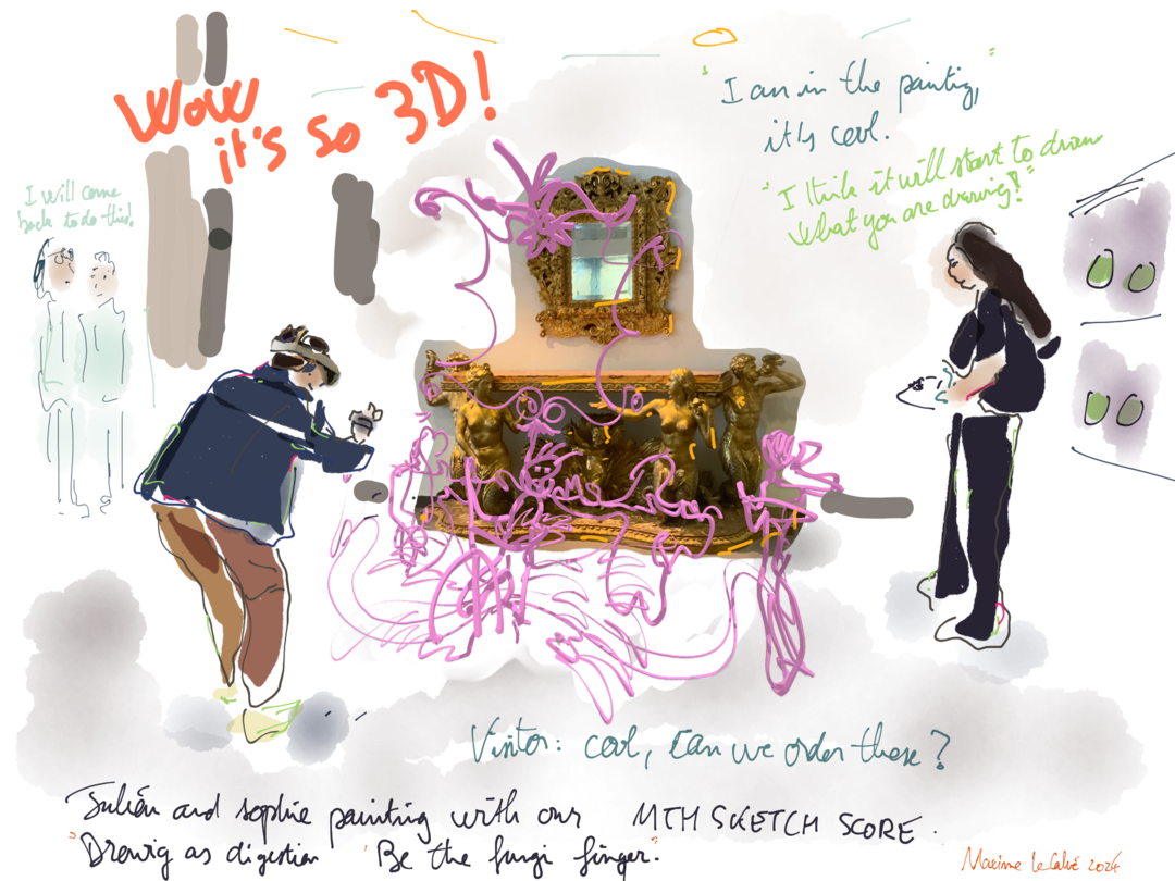 Graphic field note by Maxime Le Calvé, part of his participative research with the Speculative Realities Lab, at the Kunstgewerbemuseum in Kultur Forum Berlin, 2024
