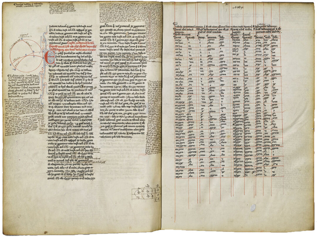 Chapter 13 »On the arcs between the equator and the ecliptic« from the first book of the <em>Almagest</em> from Gerard of Cremona’s Latin translation from Arabic (<strong>A</strong>-family). The chapter includes the table of solar declinations newly recalculated for Gerard’s translation. The parchment manuscript shown here (Paris, BnF, lat 16200, fol. 13v-14r) is an early witness, copied in December 1213. Copyright: gallica.bnf.fr / Bibliothèque nationale de France
